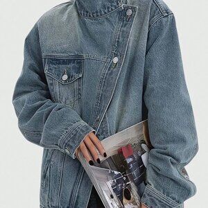 Blue Casual Women's Loose Jean Jacket with Asymmetric Placket